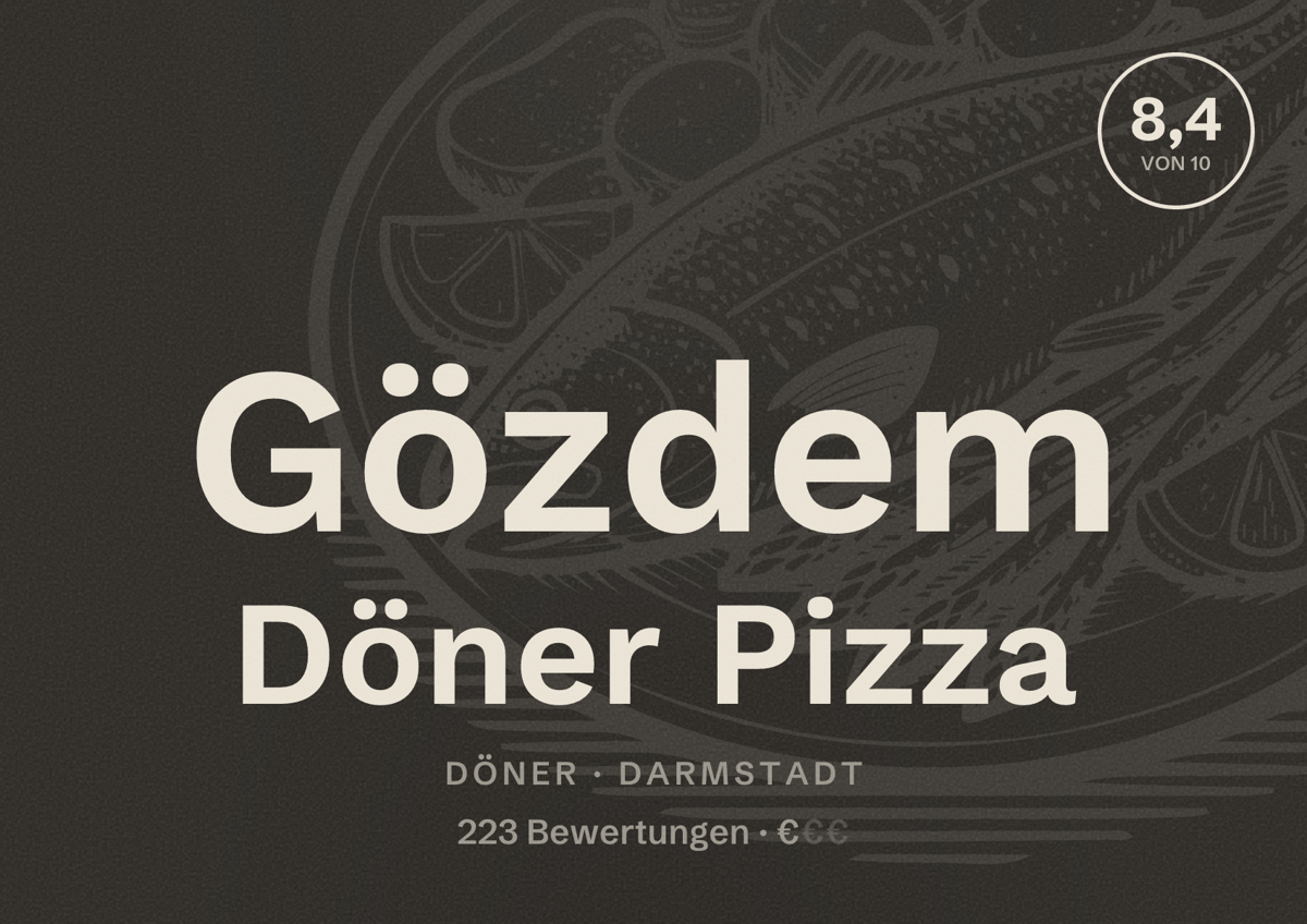 Illustriertes Poster von Gözdem Döner Pizza, Döner in Darmstadt: Bewertung 8,4 von 10 aus 223 Bewertungen, Preisniveau €