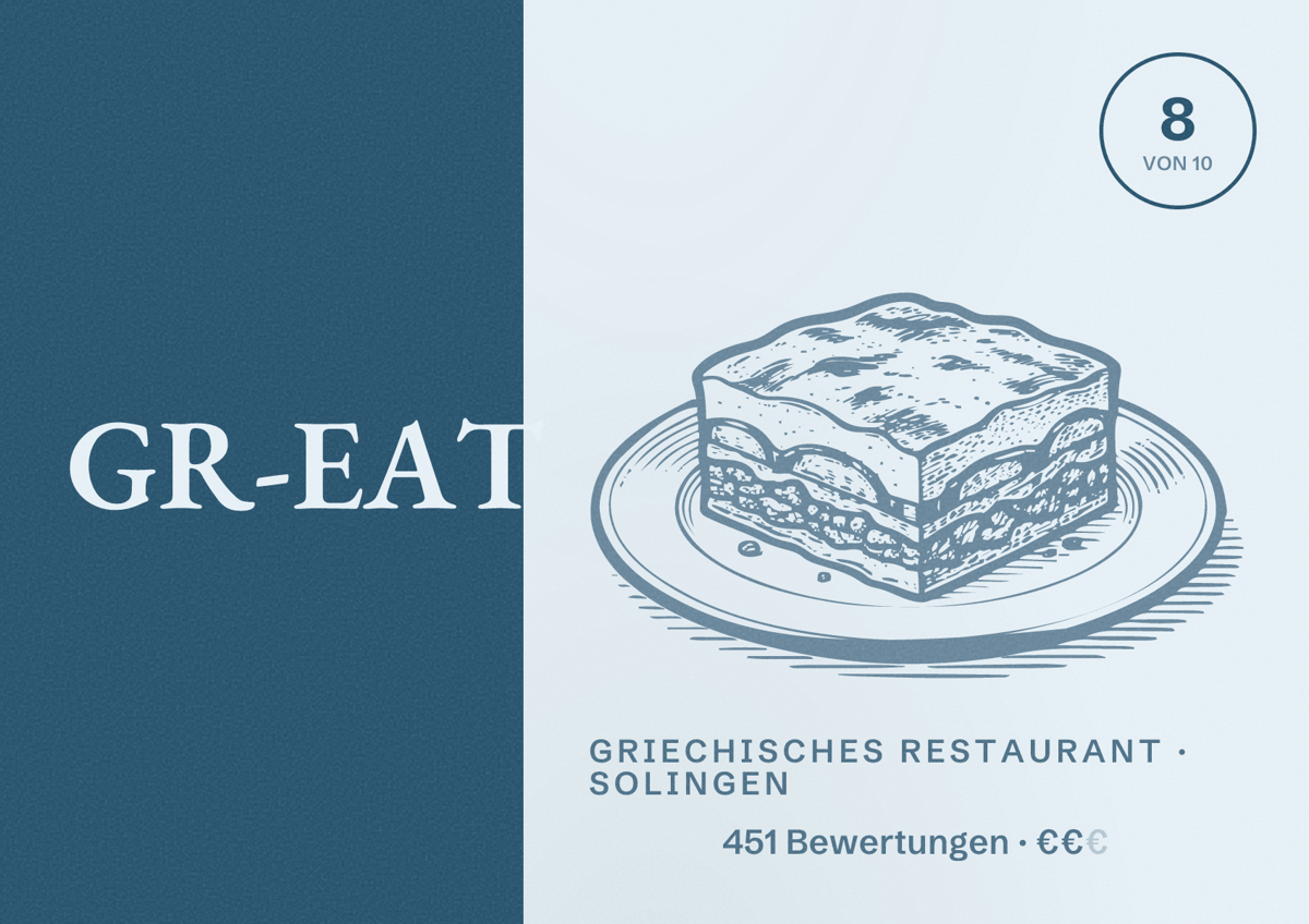 Illustriertes Poster von GR-EAT, Griechisches Restaurant in Solingen: Bewertung 8,0 von 10 aus 451 Bewertungen, Preisniveau €€