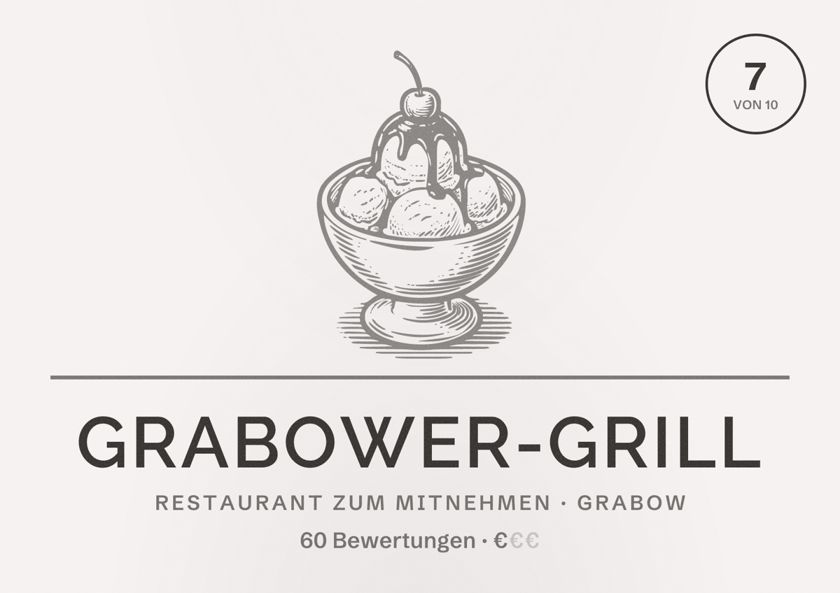 Illustriertes Poster von Grabower-Grill, Restaurant zum Mitnehmen in Grabow: Bewertung 7 von 10 aus 60 Bewertungen, Preisniveau €