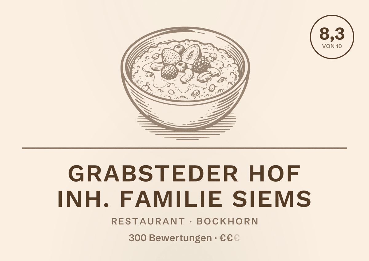 Illustriertes Poster von Grabsteder Hof Inh. Familie Siems, Restaurant in Bockhorn: Bewertung 8,3 von 10 aus 300 Bewertungen, Preisniveau €€