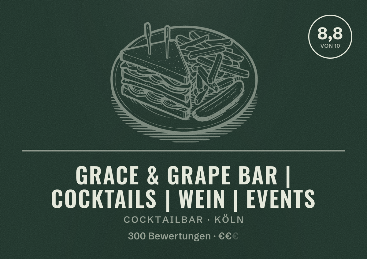 Illustriertes Poster von Grace & Grape Bar | Cocktails | Wein | Events, Cocktailbar in Köln: Bewertung 8,8 von 10 aus 300 Bewertungen, Preisniveau €€