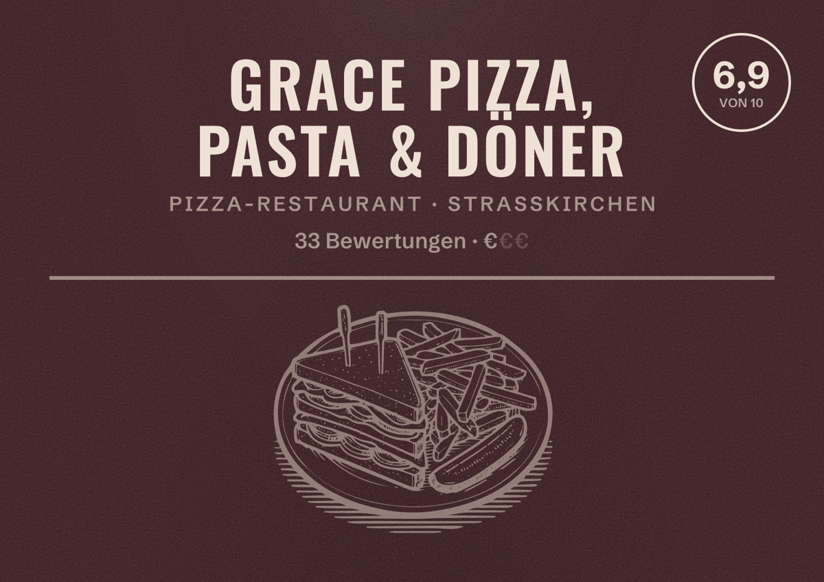 Illustriertes Poster von Grace Pizza, Pasta & Döner, Pizza-Restaurant in Straßkirchen: Bewertung 6,9 von 10 aus 33 Bewertungen, Preisniveau €