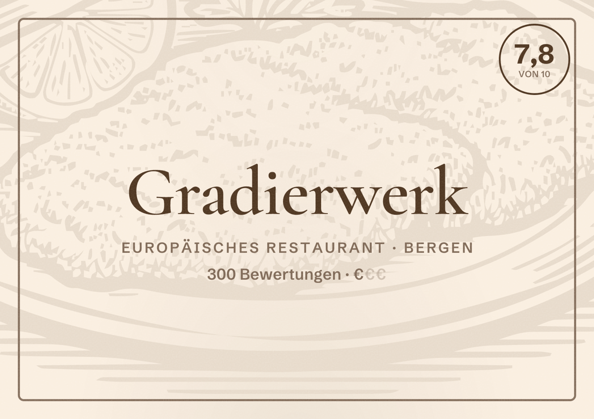 Illustriertes Poster von Gradierwerk, Europäisches Restaurant in Bergen: Bewertung 7,8 von 10 aus 300 Bewertungen, Preisniveau €