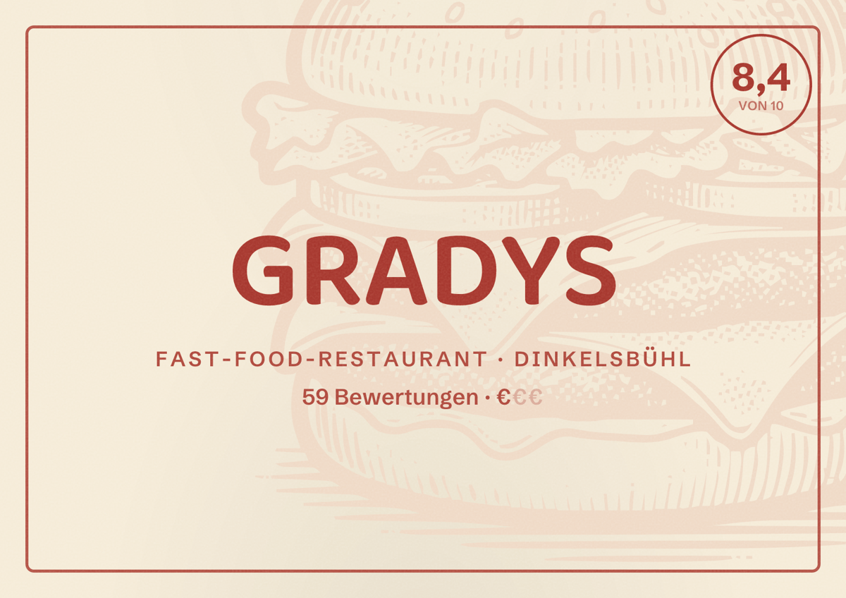 Illustriertes Poster von GRADYS, Fast-Food-Restaurant in Dinkelsbühl: Bewertung 8,4 von 10 aus 59 Bewertungen, Preisniveau €
