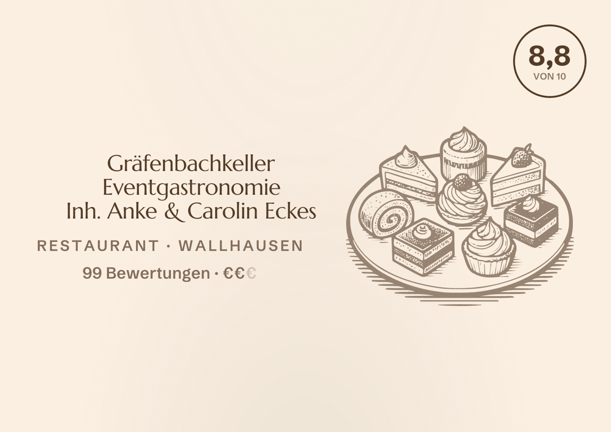 Illustriertes Poster von Gräfenbachkeller Eventgastronomie Inh. Anke & Carolin Eckes, Restaurant in Wallhausen: Bewertung 8,8 von 10 aus 99 Bewertungen, Preisniveau €€