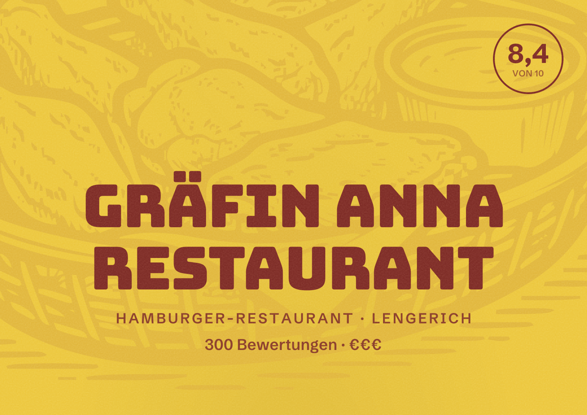 Illustriertes Poster von Gräfin AnnA Restaurant, Hamburger-Restaurant in Lengerich: Bewertung 8,4 von 10 aus 300 Bewertungen, Preisniveau €€€