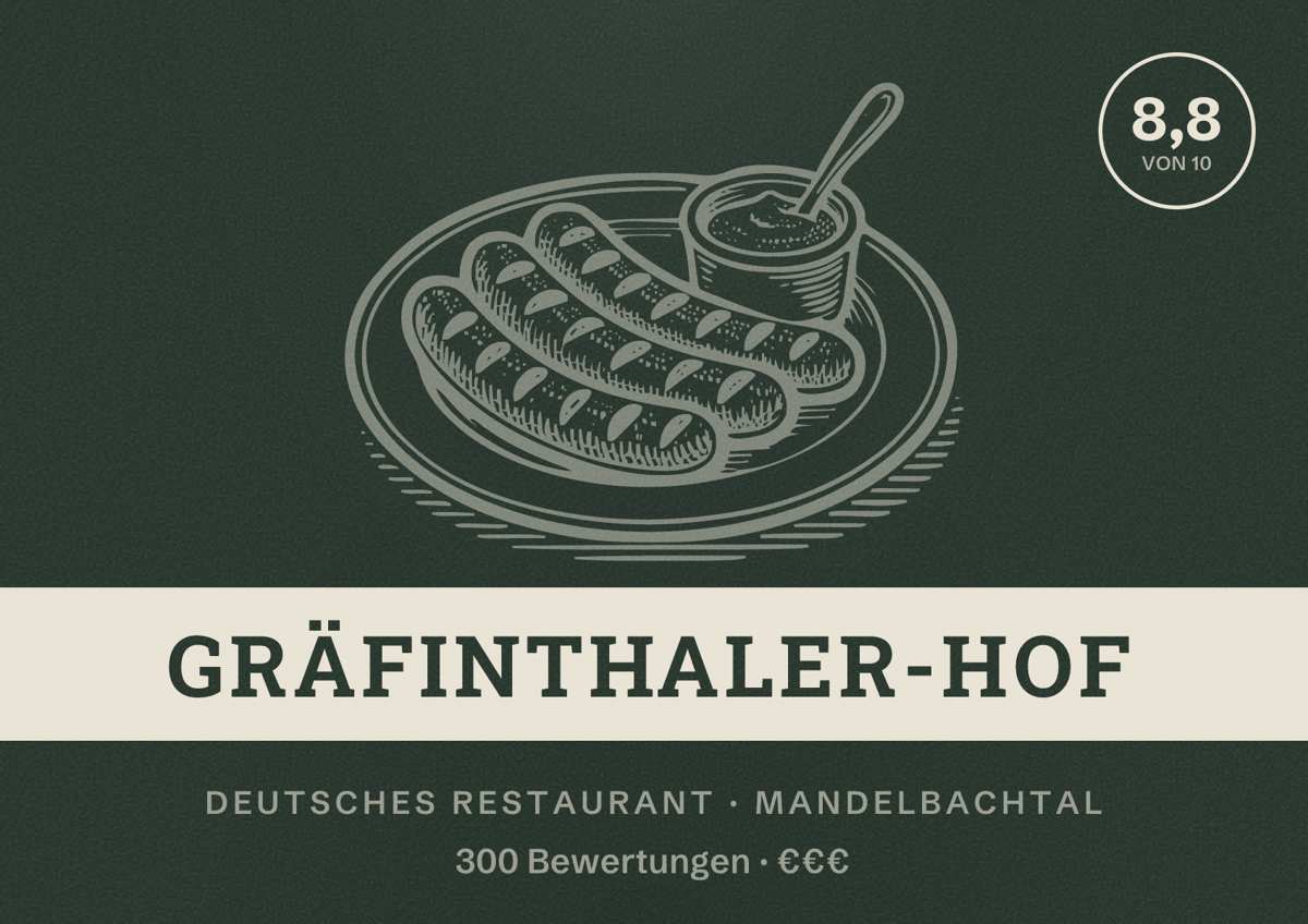 Illustriertes Poster von Gräfinthaler-Hof, Deutsches Restaurant in Mandelbachtal: Bewertung 8,8 von 10 aus 300 Bewertungen, Preisniveau €€€