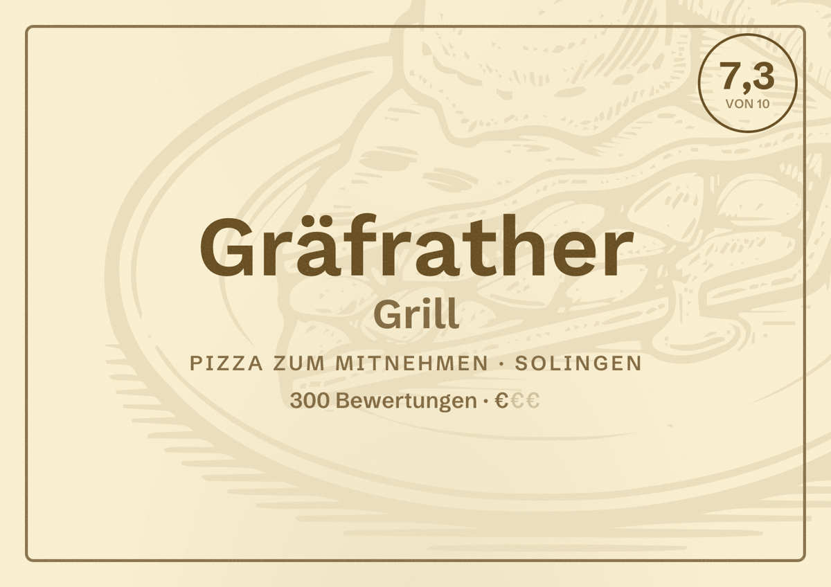 Illustriertes Poster von Gräfrather Grill, Pizza zum Mitnehmen in Solingen: Bewertung 7,3 von 10 aus 300 Bewertungen, Preisniveau €