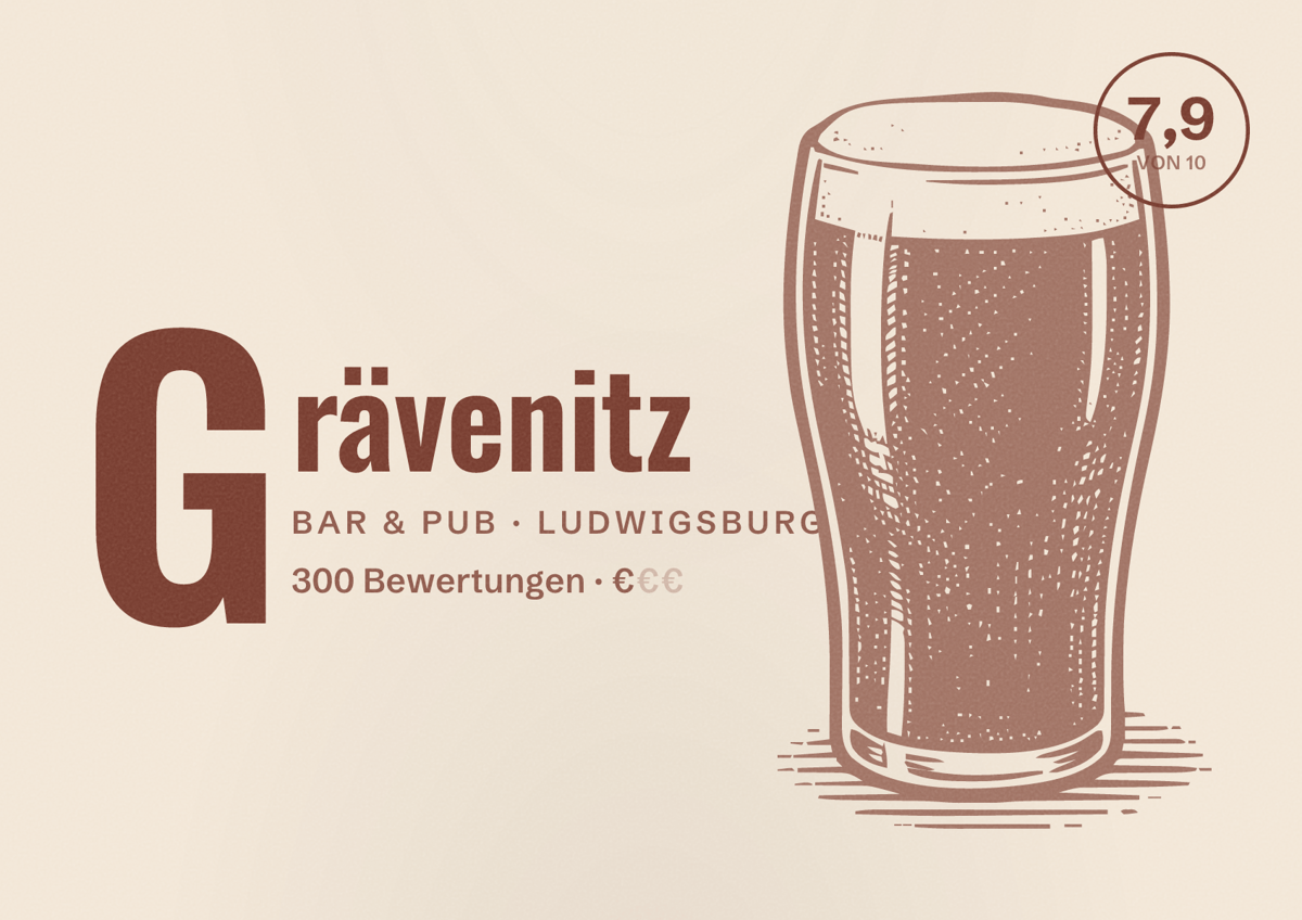 Illustriertes Poster von Grävenitz, Bar & Pub in Ludwigsburg: Bewertung 7,9 von 10 aus 300 Bewertungen, Preisniveau €