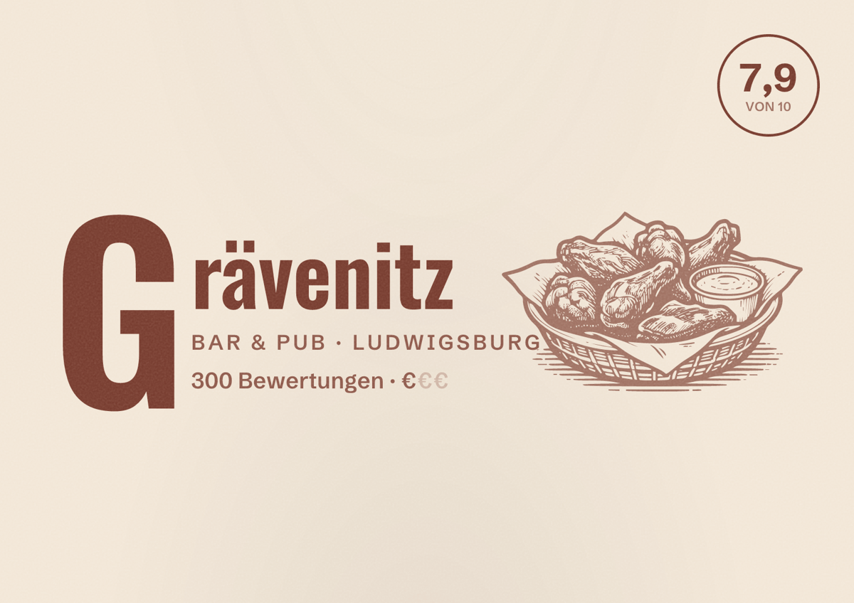 Illustriertes Poster von Grävenitz, Bar & Pub in Ludwigsburg: Bewertung 7,9 von 10 aus 300 Bewertungen, Preisniveau €