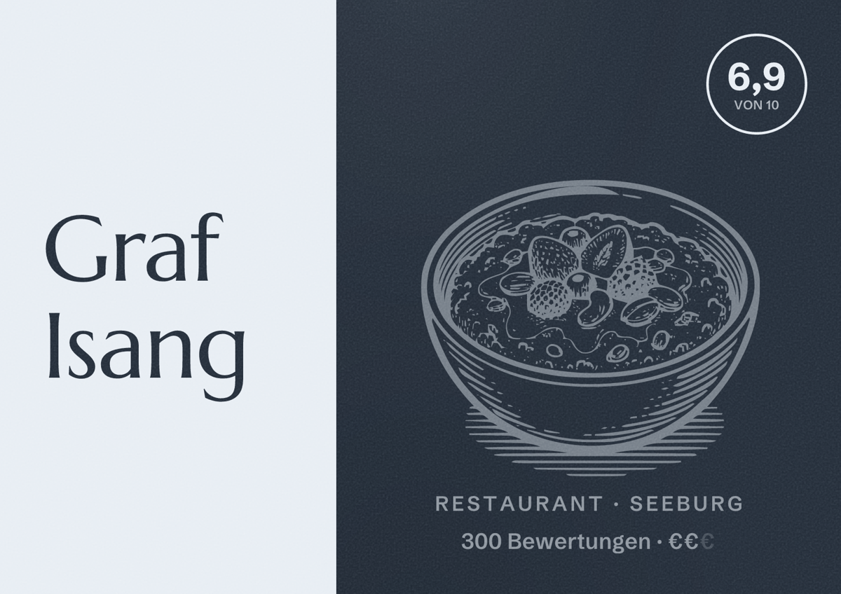 Illustriertes Poster von Graf Isang, Restaurant in Seeburg: Bewertung 6,9 von 10 aus 300 Bewertungen, Preisniveau €€