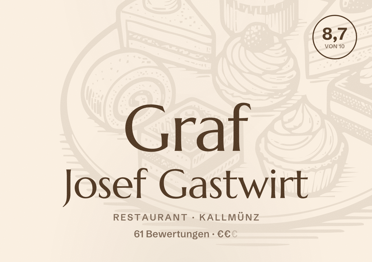 Illustriertes Poster von Graf Josef Gastwirt, Restaurant in Kallmünz: Bewertung 8,7 von 10 aus 61 Bewertungen, Preisniveau €€