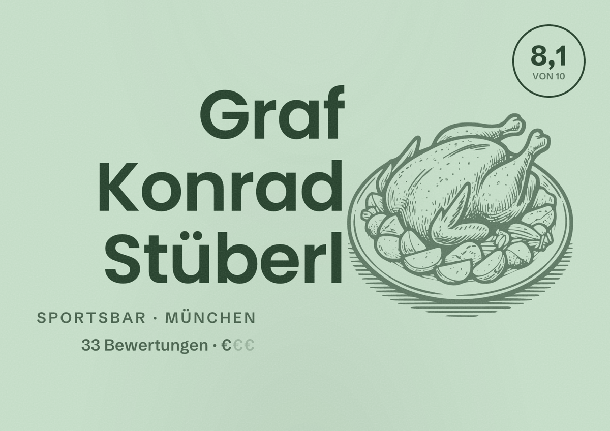Illustriertes Poster von Graf Konrad Stüberl, Sportsbar in München: Bewertung 8,1 von 10 aus 33 Bewertungen, Preisniveau €