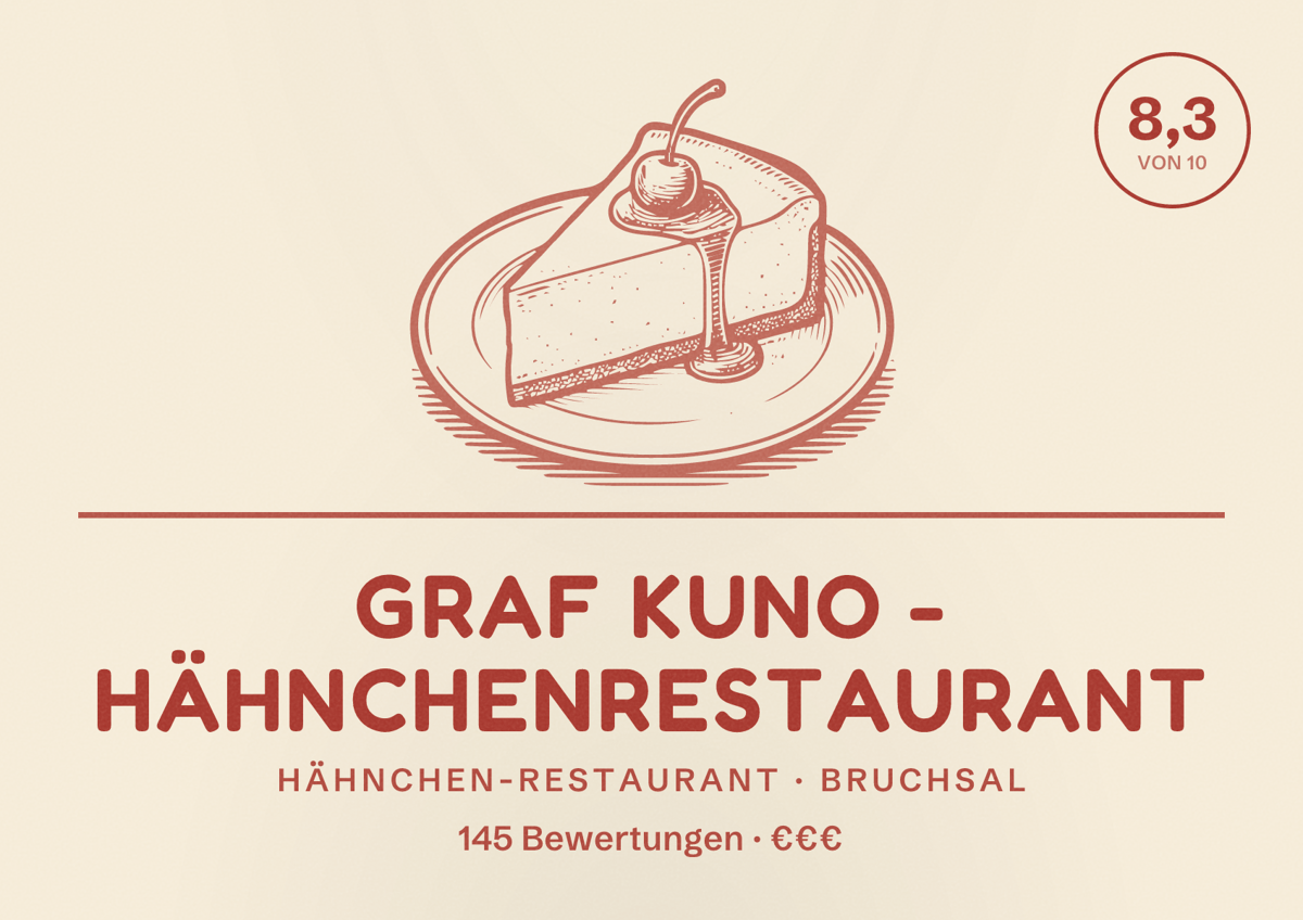 Illustriertes Poster von Graf Kuno - Hähnchenrestaurant, Hähnchen-Restaurant in Bruchsal: Bewertung 8,3 von 10 aus 145 Bewertungen, Preisniveau €€€