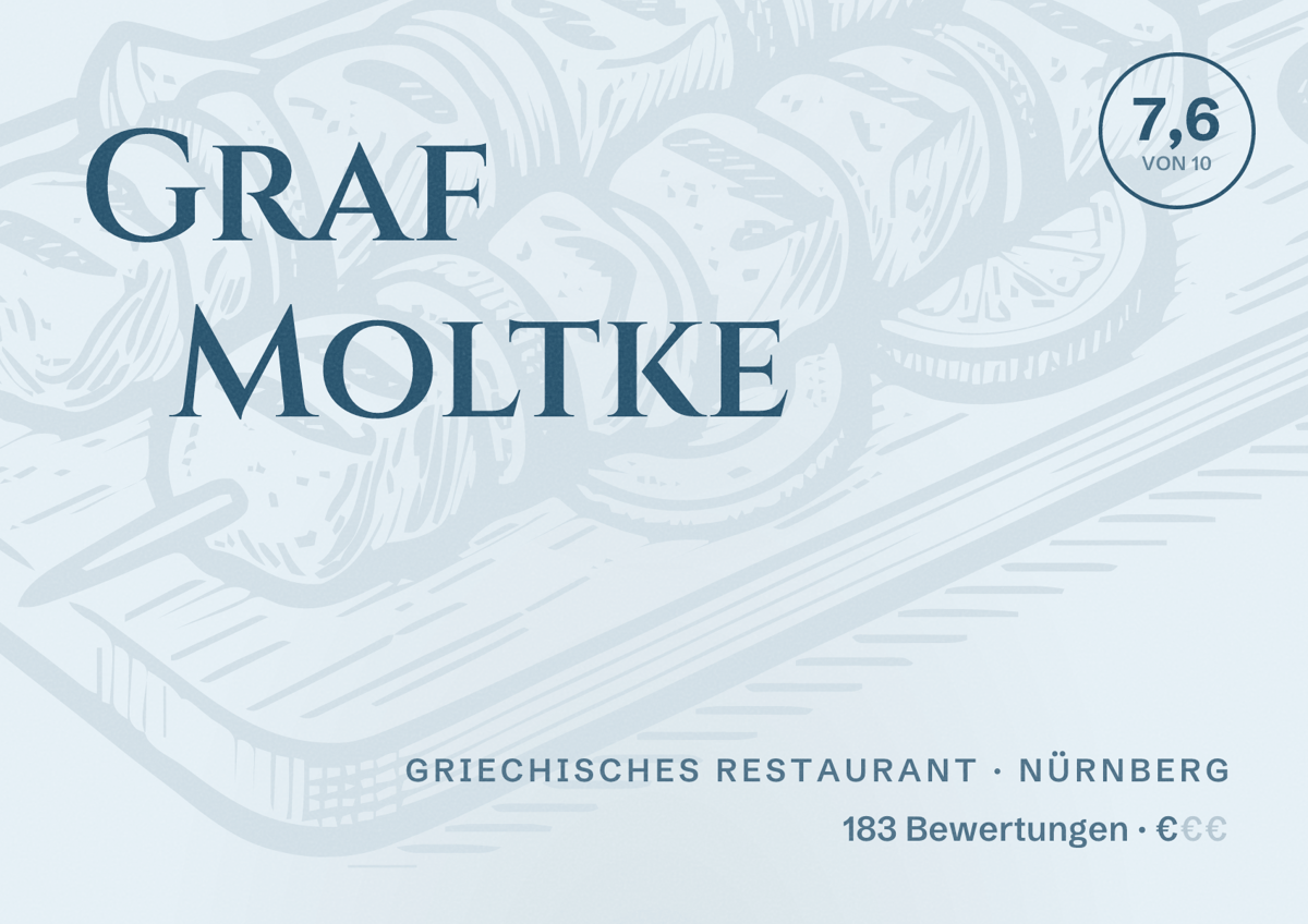 Illustriertes Poster von Graf Moltke, Griechisches Restaurant in Nürnberg: Bewertung 7,6 von 10 aus 183 Bewertungen, Preisniveau €