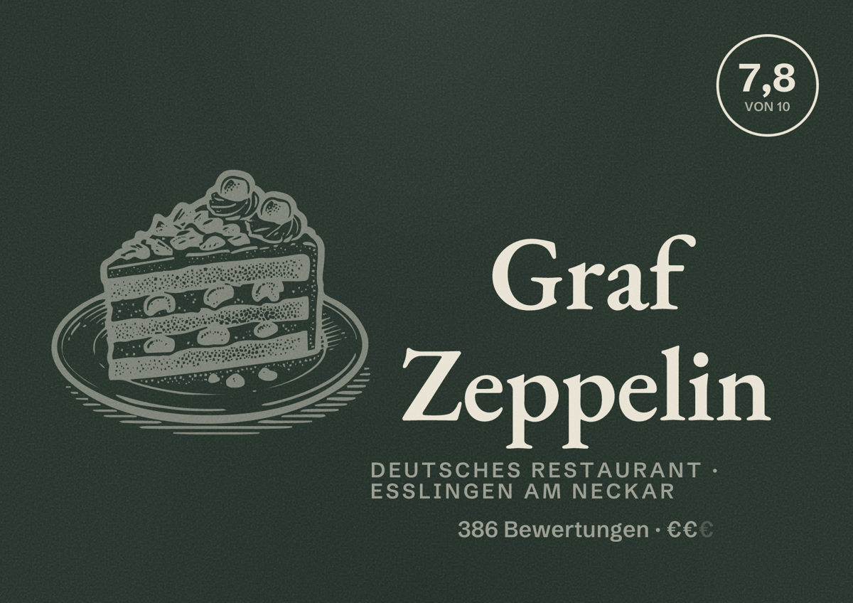 Illustriertes Poster von Graf Zeppelin, Deutsches Restaurant in Esslingen am Neckar: Bewertung 7,8 von 10 aus 386 Bewertungen, Preisniveau €€