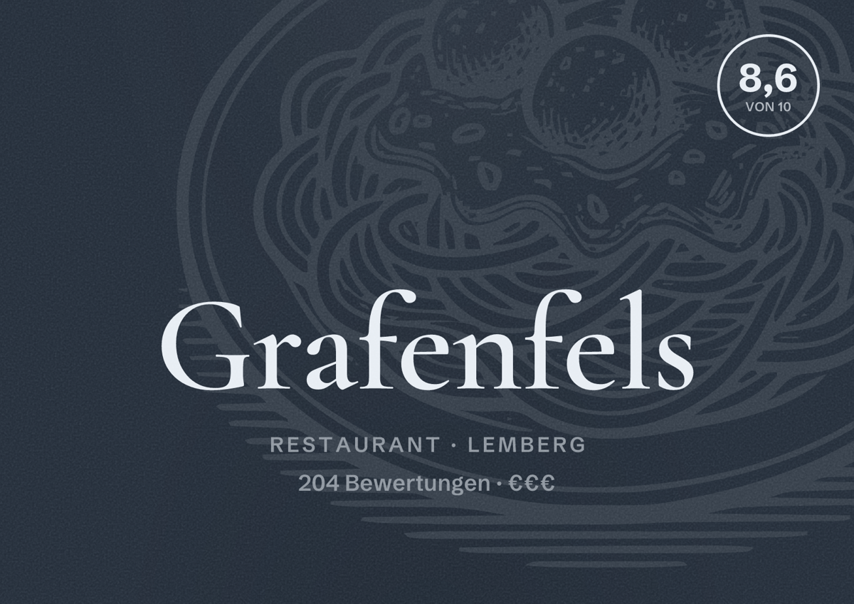 Illustriertes Poster von Grafenfels, Restaurant in Lemberg: Bewertung 8,6 von 10 aus 204 Bewertungen, Preisniveau €€€