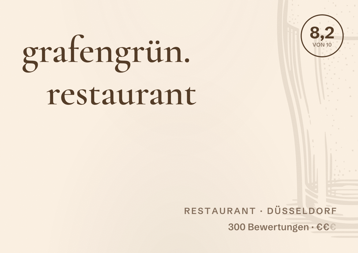 Illustriertes Poster von grafengrün. restaurant, Restaurant in Düsseldorf: Bewertung 8,2 von 10 aus 300 Bewertungen, Preisniveau €€