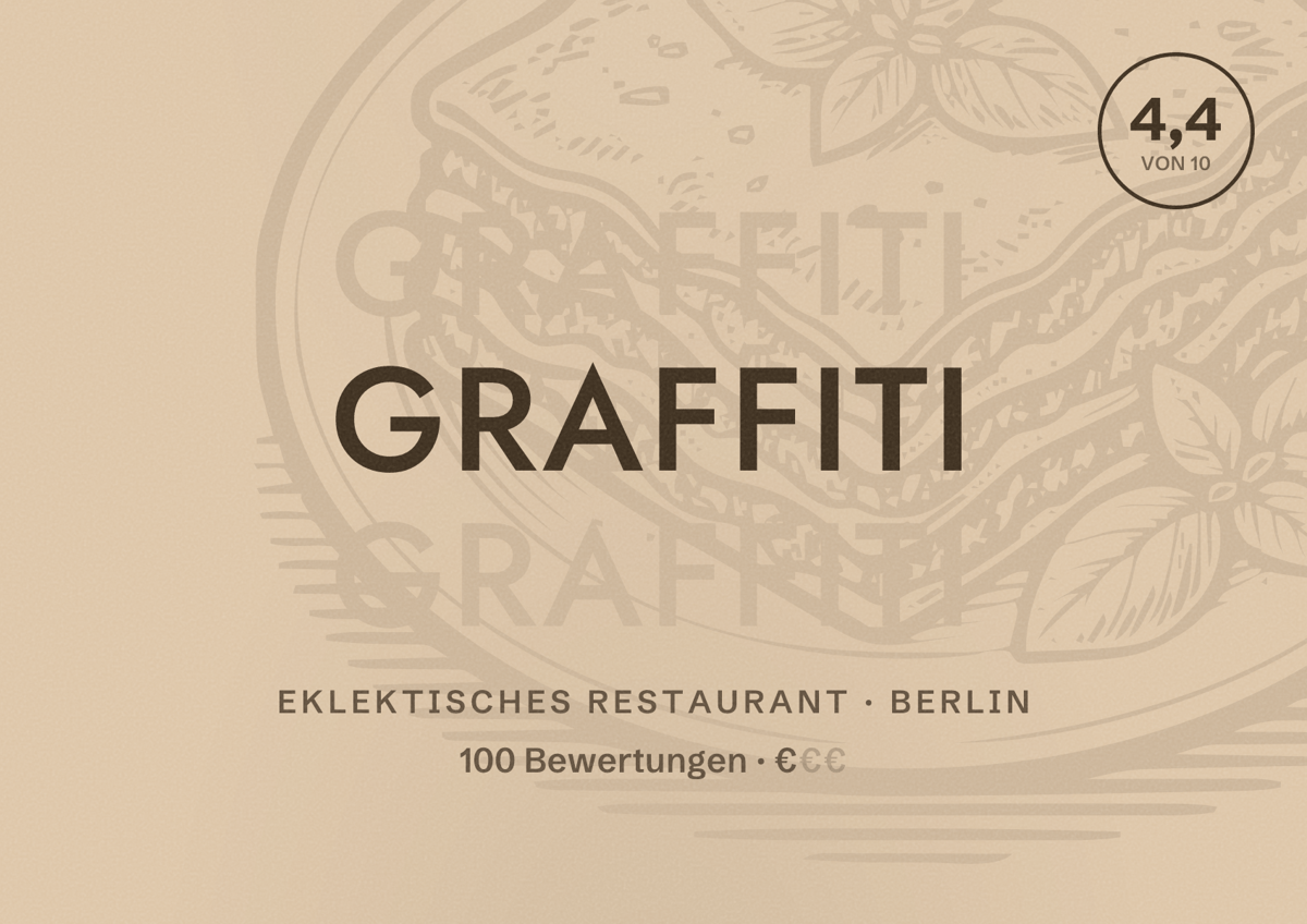 Illustriertes Poster von Graffiti, Eklektisches Restaurant in Berlin: Bewertung 4,4 von 10 aus 100 Bewertungen, Preisniveau €