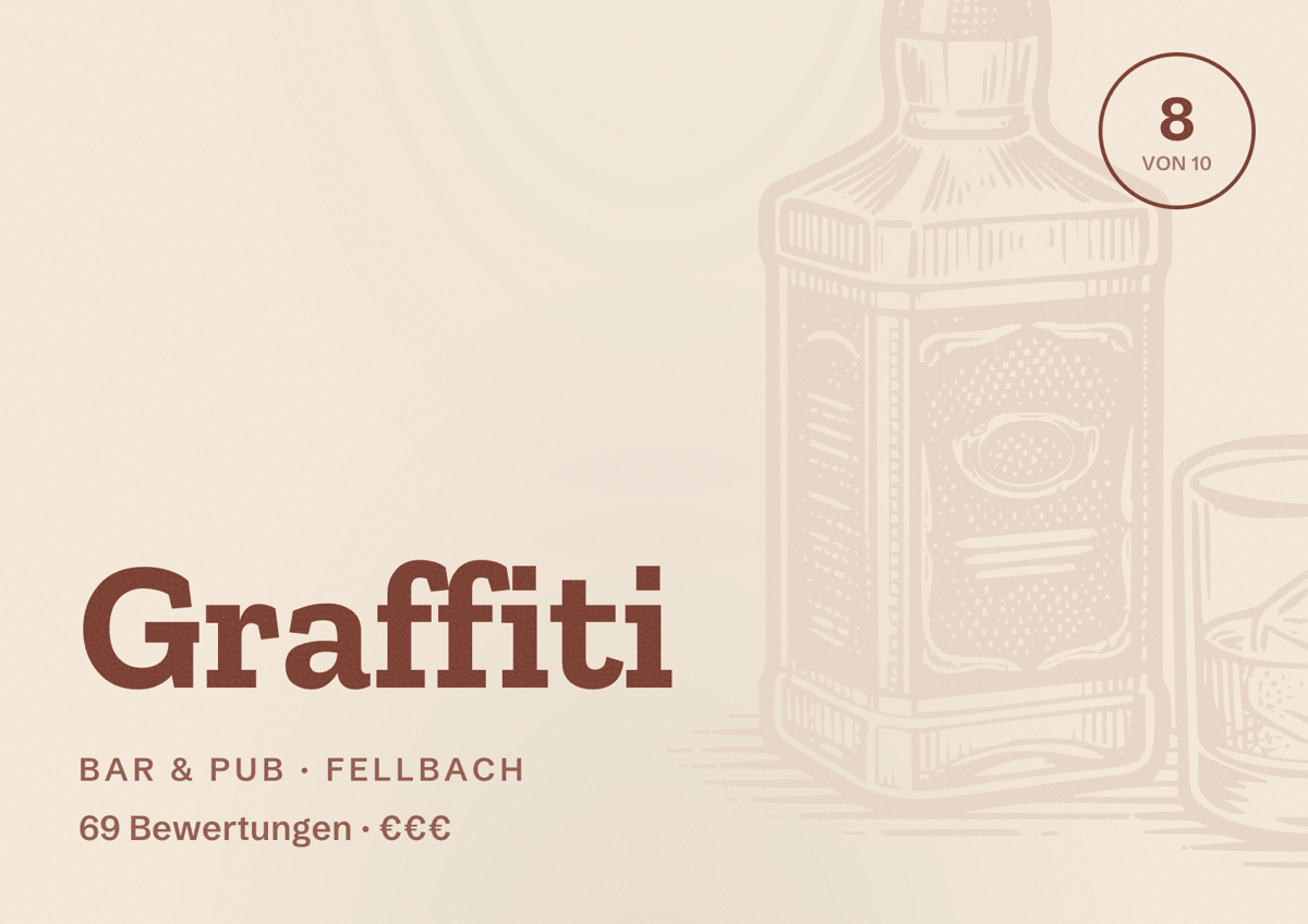 Illustriertes Poster von Graffiti, Bar & Pub in Fellbach: Bewertung 8 von 10 aus 69 Bewertungen, Preisniveau €€€