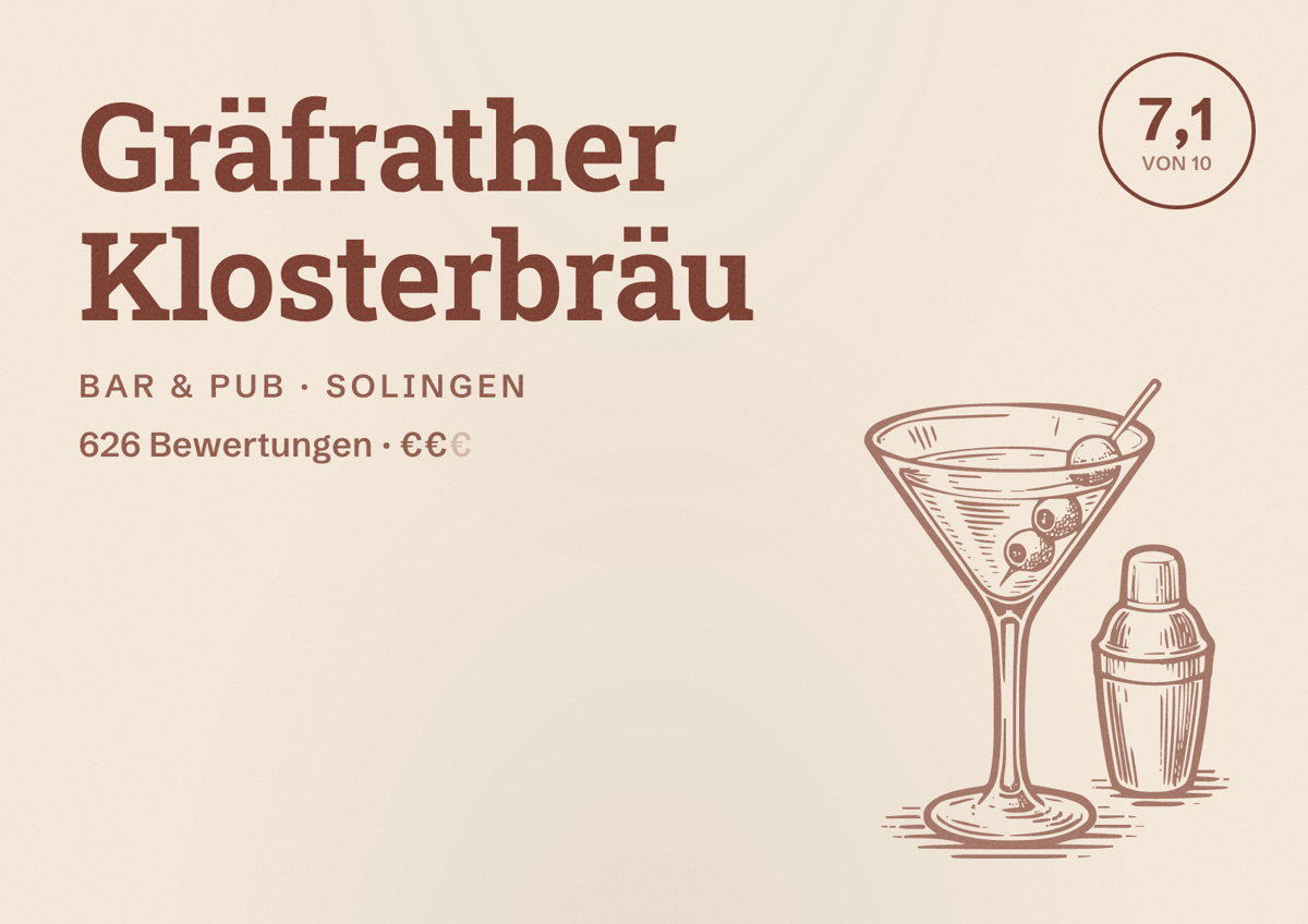 Illustriertes Poster von Gräfrather Klosterbräu, Bar & Pub in Solingen: Bewertung 7,1 von 10 aus 626 Bewertungen, Preisniveau €€
