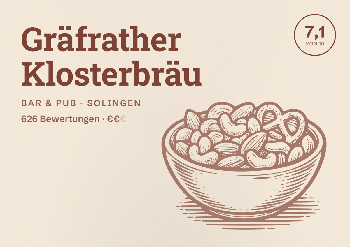 Illustriertes Poster von Gräfrather Klosterbräu, Bar & Pub in Solingen: Bewertung 7,1 von 10 aus 626 Bewertungen, Preisniveau €€