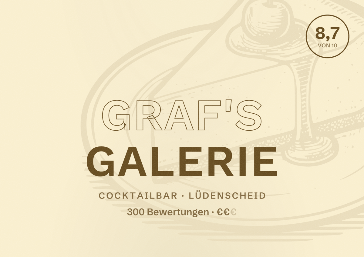 Illustriertes Poster von Graf's Galerie, Cocktailbar in Lüdenscheid: Bewertung 8,7 von 10 aus 300 Bewertungen, Preisniveau €€