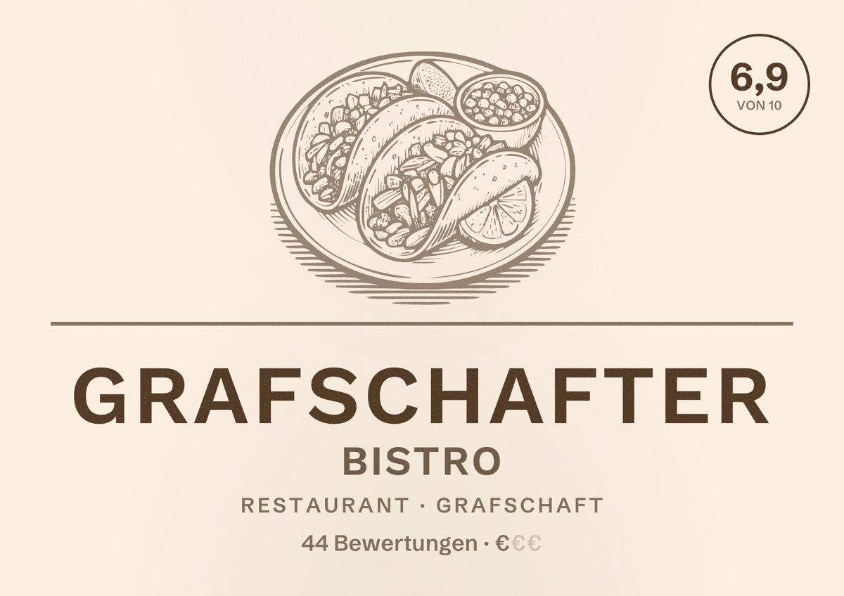 Illustriertes Poster von Grafschafter Bistro, Restaurant in Grafschaft: Bewertung 6,9 von 10 aus 44 Bewertungen, Preisniveau €
