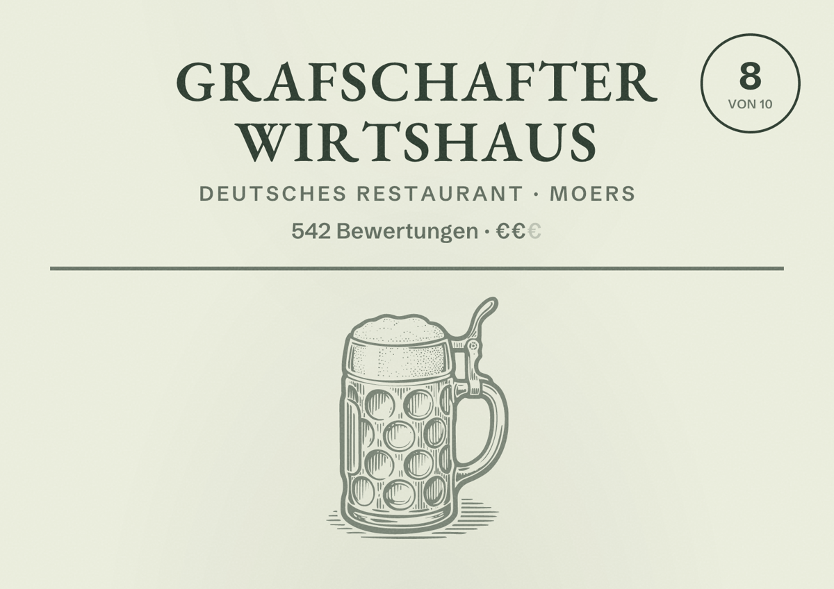 Illustriertes Poster von Grafschafter Wirtshaus, Deutsches Restaurant in Moers: Bewertung 8 von 10 aus 542 Bewertungen, Preisniveau €€