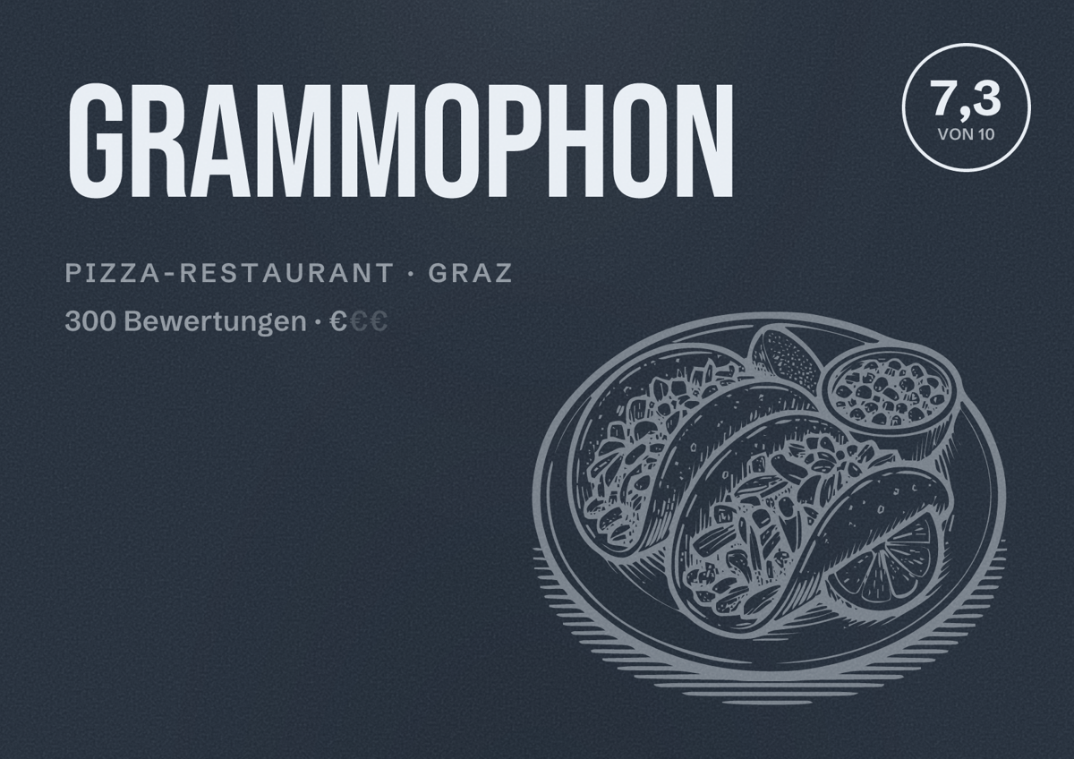 Illustriertes Poster von Grammophon, Pizza-Restaurant in Graz: Bewertung 7,3 von 10 aus 300 Bewertungen, Preisniveau €