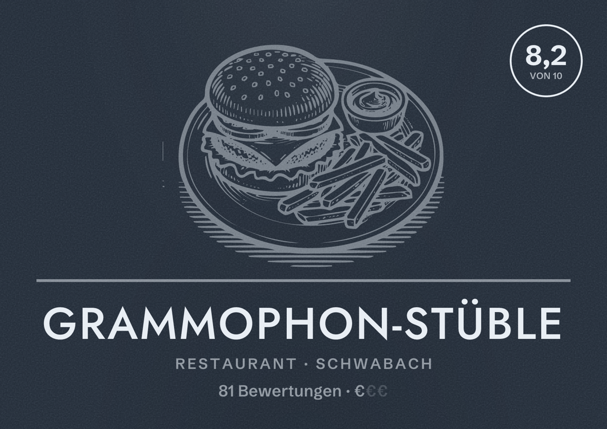 Illustriertes Poster von Grammophon-Stüble, Restaurant in Schwabach: Bewertung 8,2 von 10 aus 81 Bewertungen, Preisniveau €