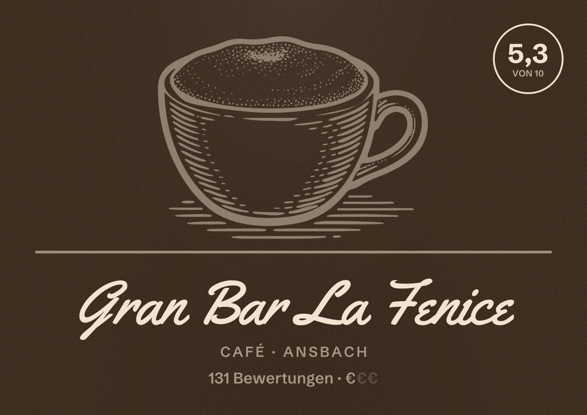 Illustriertes Poster von Gran Bar La Fenice, Café in Ansbach: Bewertung 5,3 von 10 aus 131 Bewertungen, Preisniveau €