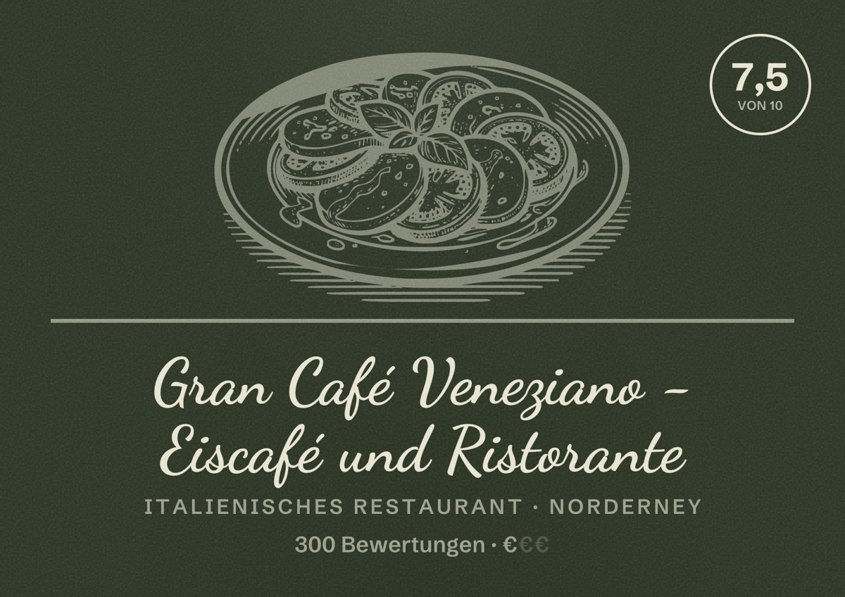 Illustriertes Poster von Gran Café Veneziano - Eiscafé und Ristorante, Italienisches Restaurant in Norderney: Bewertung 7,5 von 10 aus 300 Bewertungen, Preisniveau €