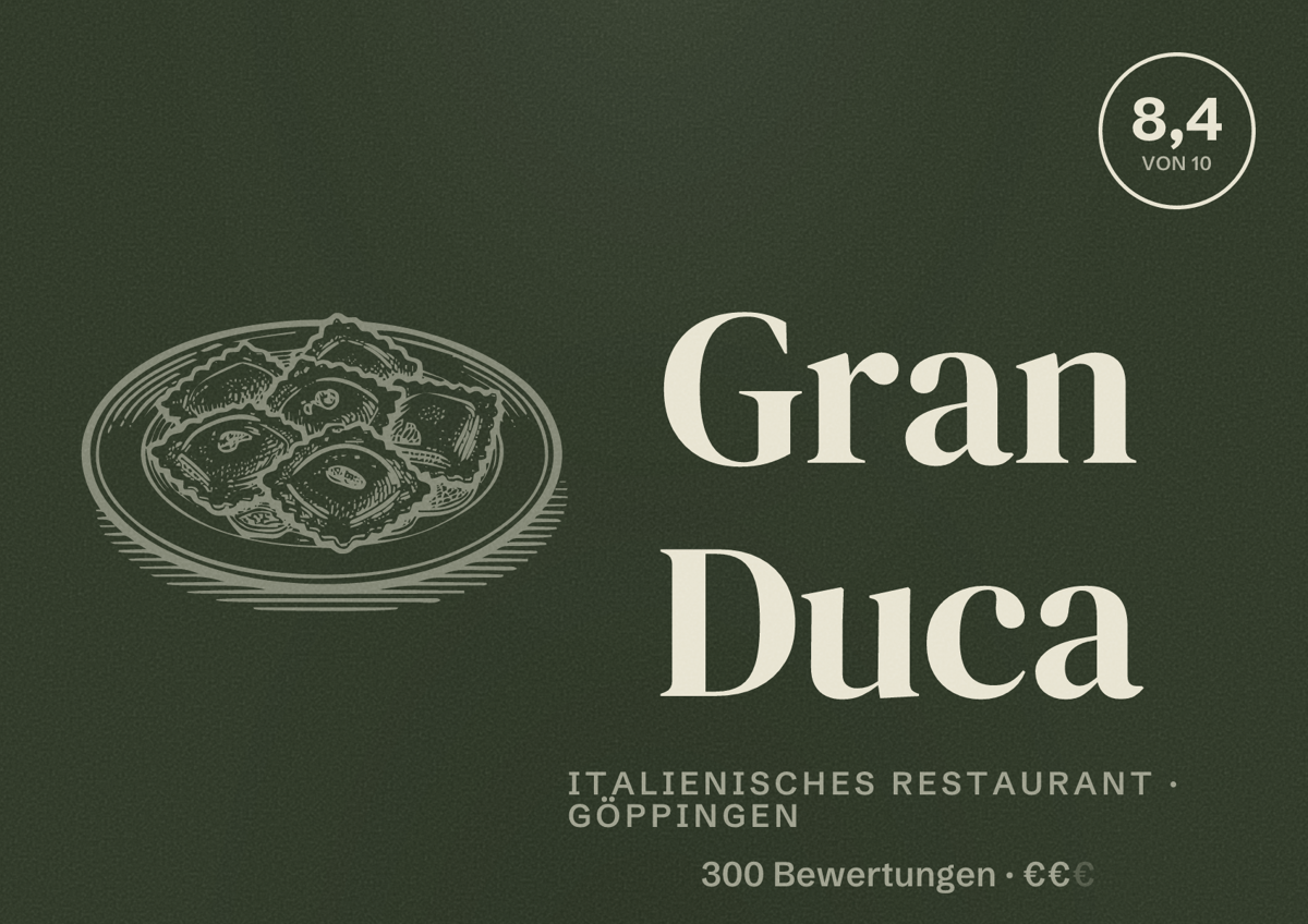 Illustriertes Poster von Gran Duca, Italienisches Restaurant in Göppingen: Bewertung 8,4 von 10 aus 300 Bewertungen, Preisniveau €€