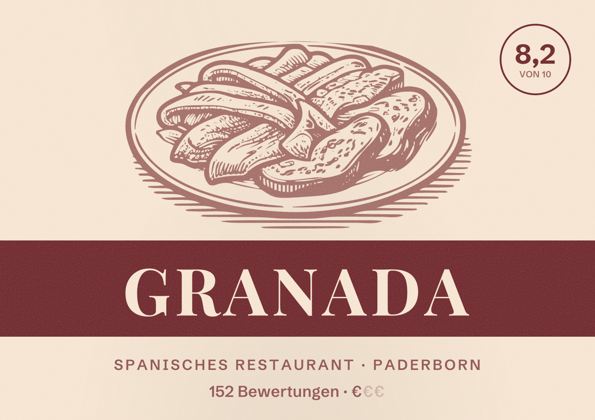 Illustriertes Poster von Granada, Spanisches Restaurant in Paderborn: Bewertung 8,2 von 10 aus 152 Bewertungen, Preisniveau €