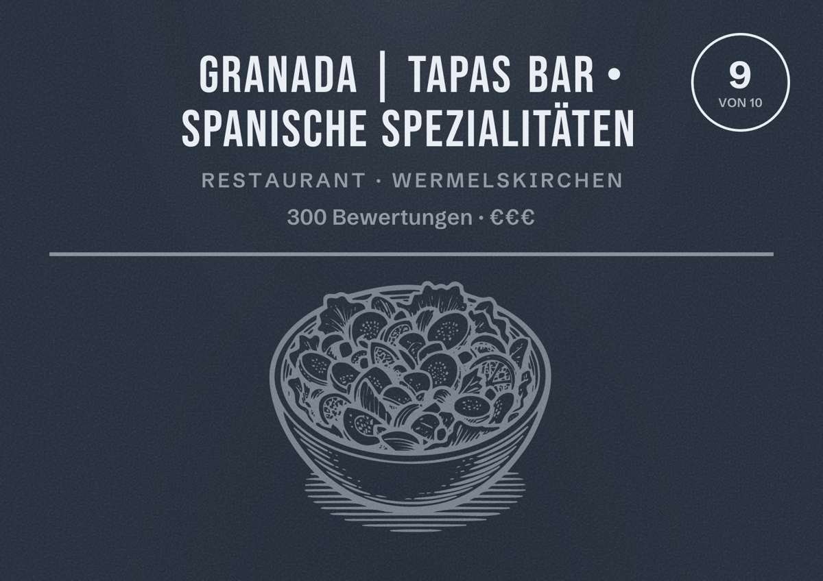 Illustriertes Poster von GRANADA | Tapas Bar • Spanische Spezialitäten, Restaurant in Wermelskirchen: Bewertung 9 von 10 aus 300 Bewertungen, Preisniveau €€€