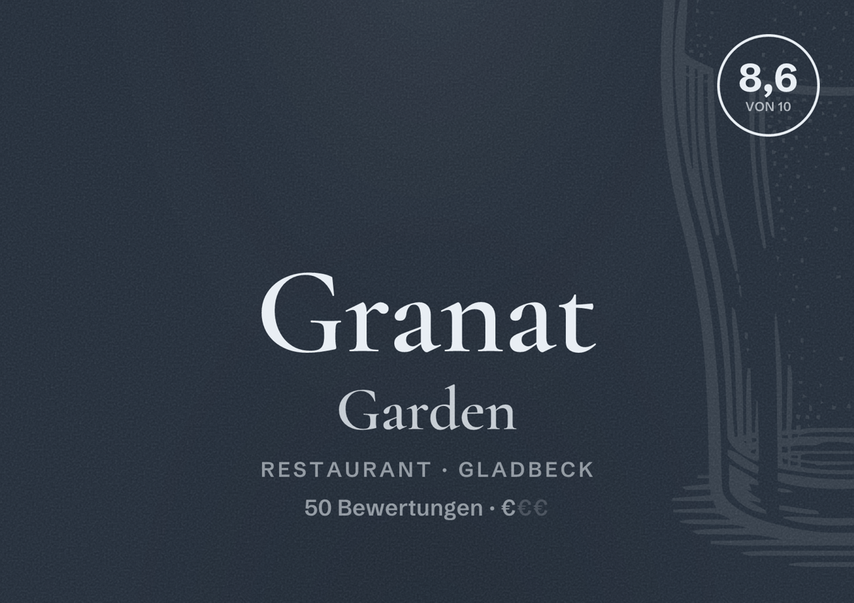 Illustriertes Poster von Granat Garden, Restaurant in Gladbeck: Bewertung 8,6 von 10 aus 50 Bewertungen, Preisniveau €