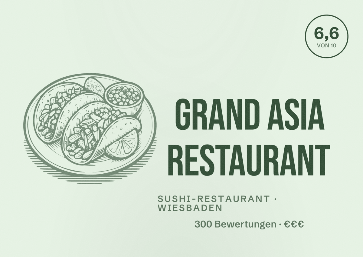 Illustriertes Poster von GRAND Asia Restaurant, Sushi-Restaurant in Wiesbaden: Bewertung 6,6 von 10 aus 300 Bewertungen, Preisniveau €€€