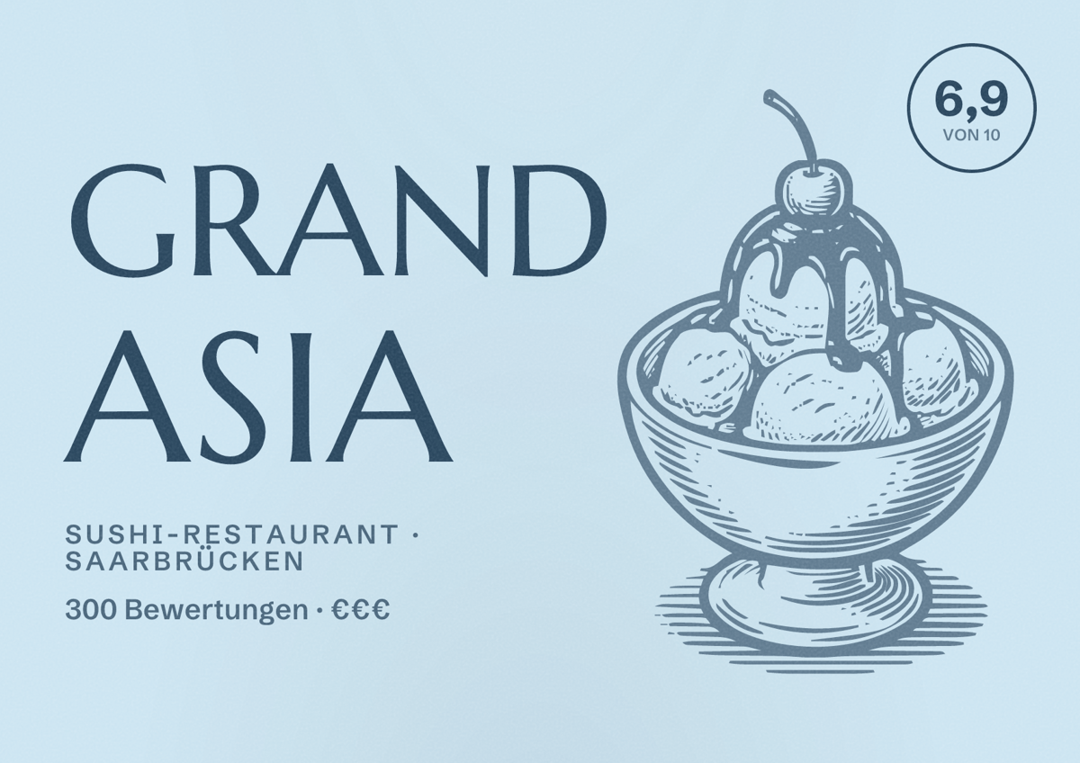 Illustriertes Poster von Grand Asia, Sushi-Restaurant in Saarbrücken: Bewertung 6,9 von 10 aus 300 Bewertungen, Preisniveau €€€