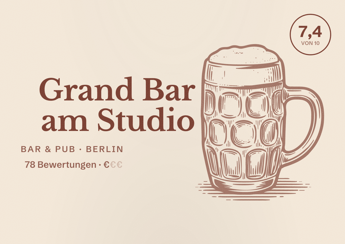 Illustriertes Poster von Grand Bar am Studio, Bar & Pub in Berlin: Bewertung 7,4 von 10 aus 78 Bewertungen, Preisniveau €