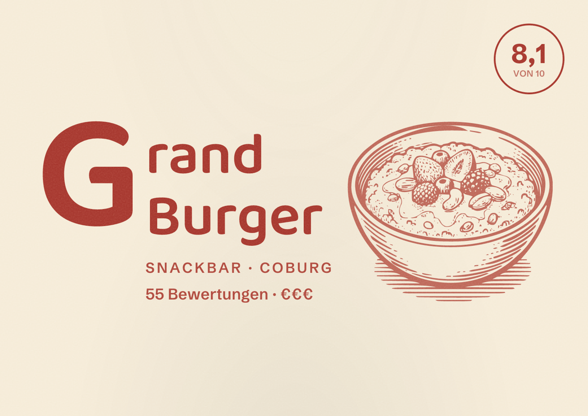 Illustriertes Poster von Grand Burger, Snackbar in Coburg: Bewertung 8,1 von 10 aus 55 Bewertungen, Preisniveau €€€