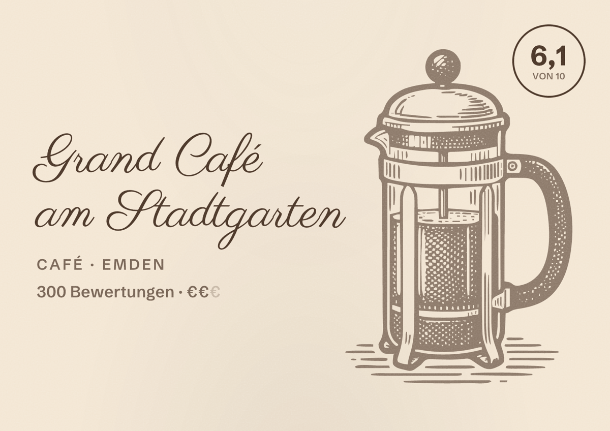 Illustriertes Poster von Grand Café am Stadtgarten, Café in Emden: Bewertung 6,1 von 10 aus 300 Bewertungen, Preisniveau €€