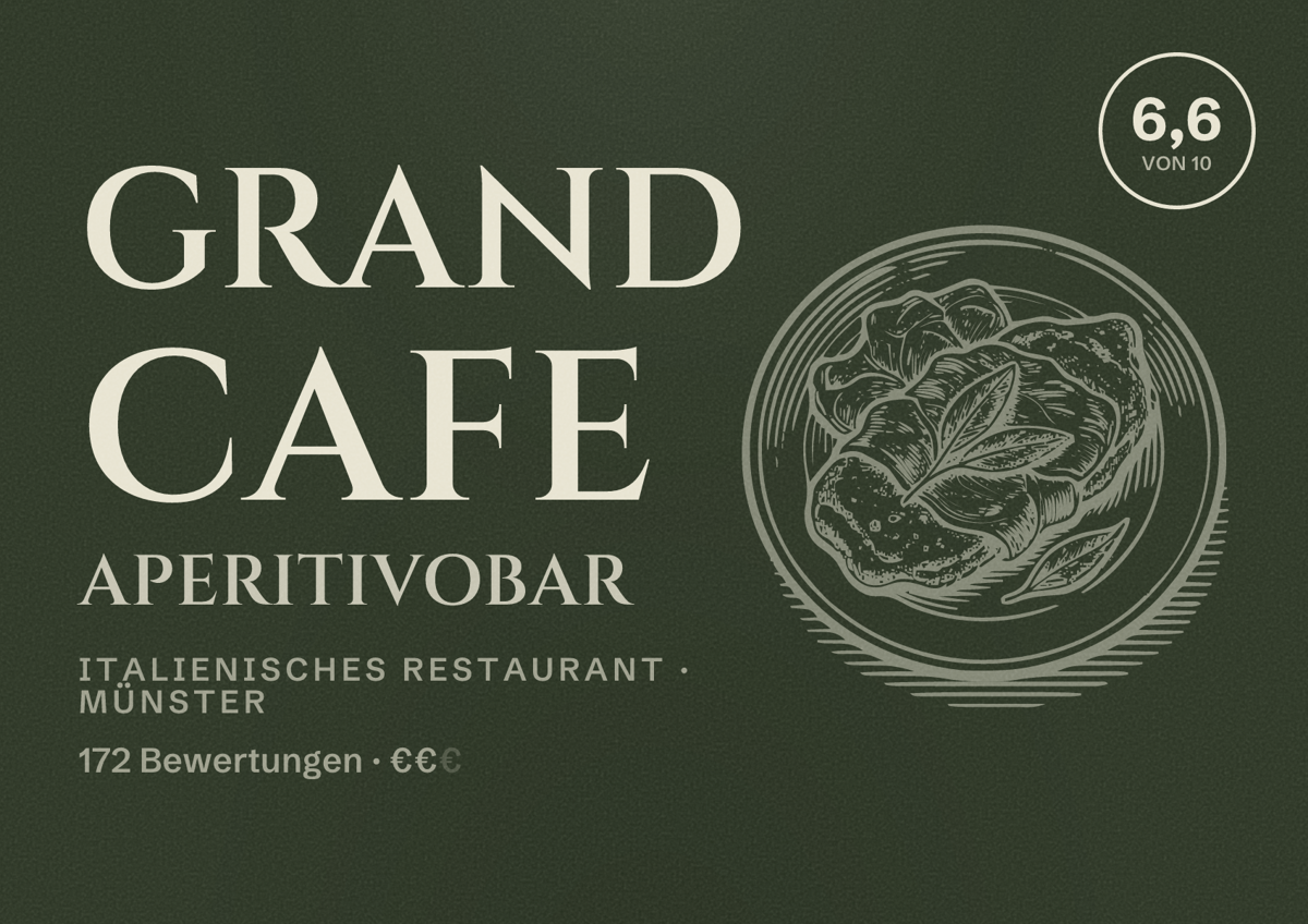 Illustriertes Poster von Grand Cafe Aperitivobar, Italienisches Restaurant in Münster: Gästebewertung 6,6 von 10 aus 172 Bewertungen
