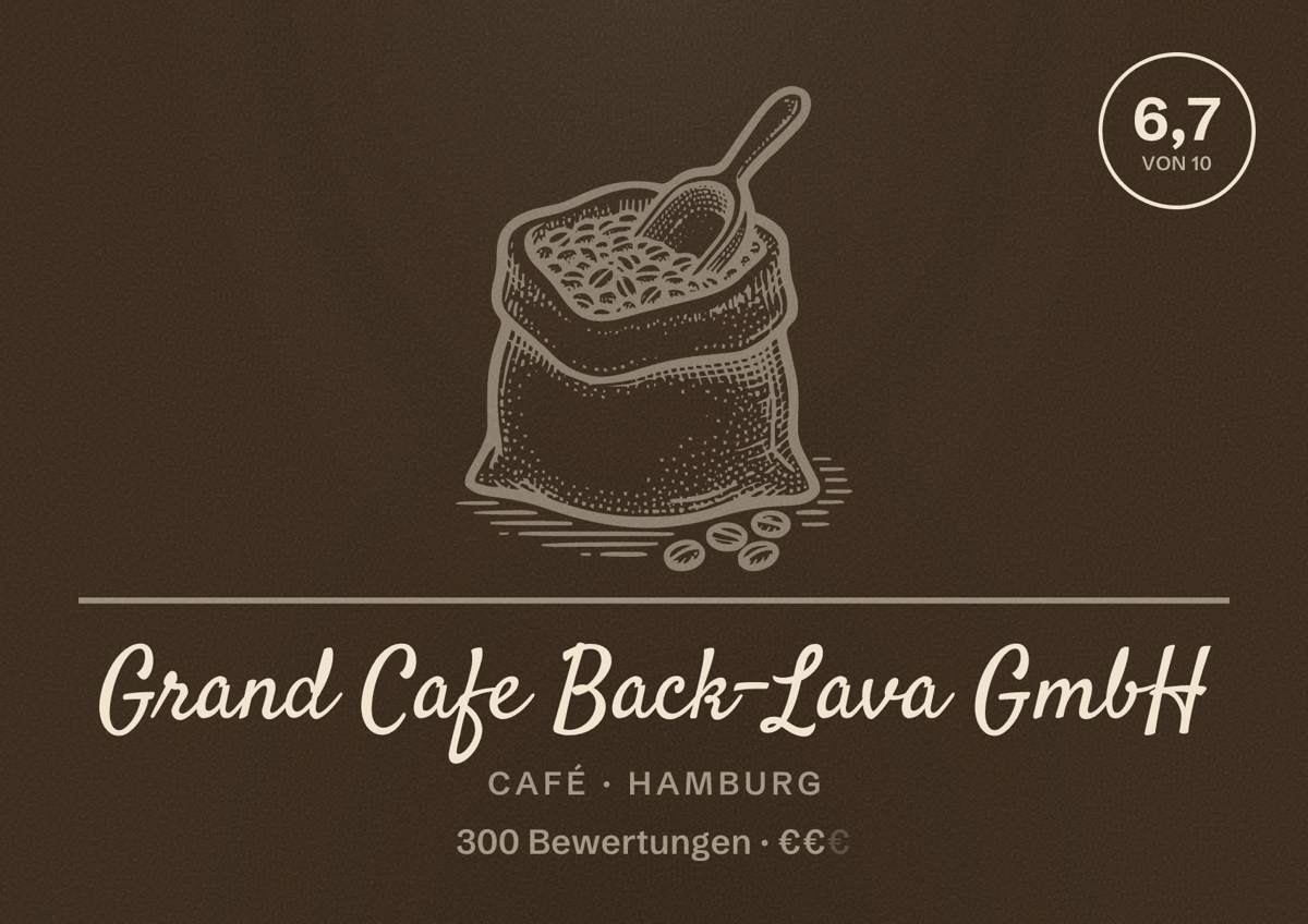 Illustriertes Poster von Grand Cafe Back-Lava GmbH, Café in Hamburg: Bewertung 6,7 von 10 aus 300 Bewertungen, Preisniveau €€