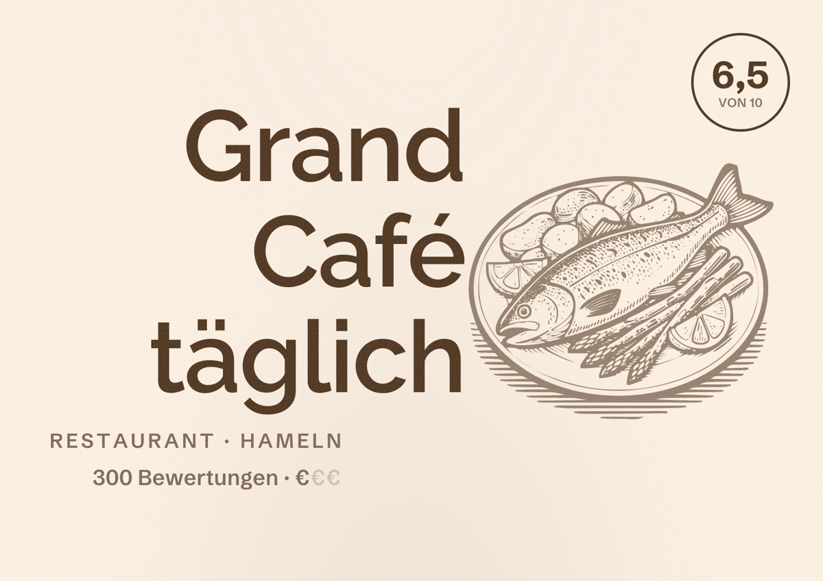 Illustriertes Poster von Grand Café täglich, Restaurant in Hameln: Bewertung 6,5 von 10 aus 300 Bewertungen, Preisniveau €