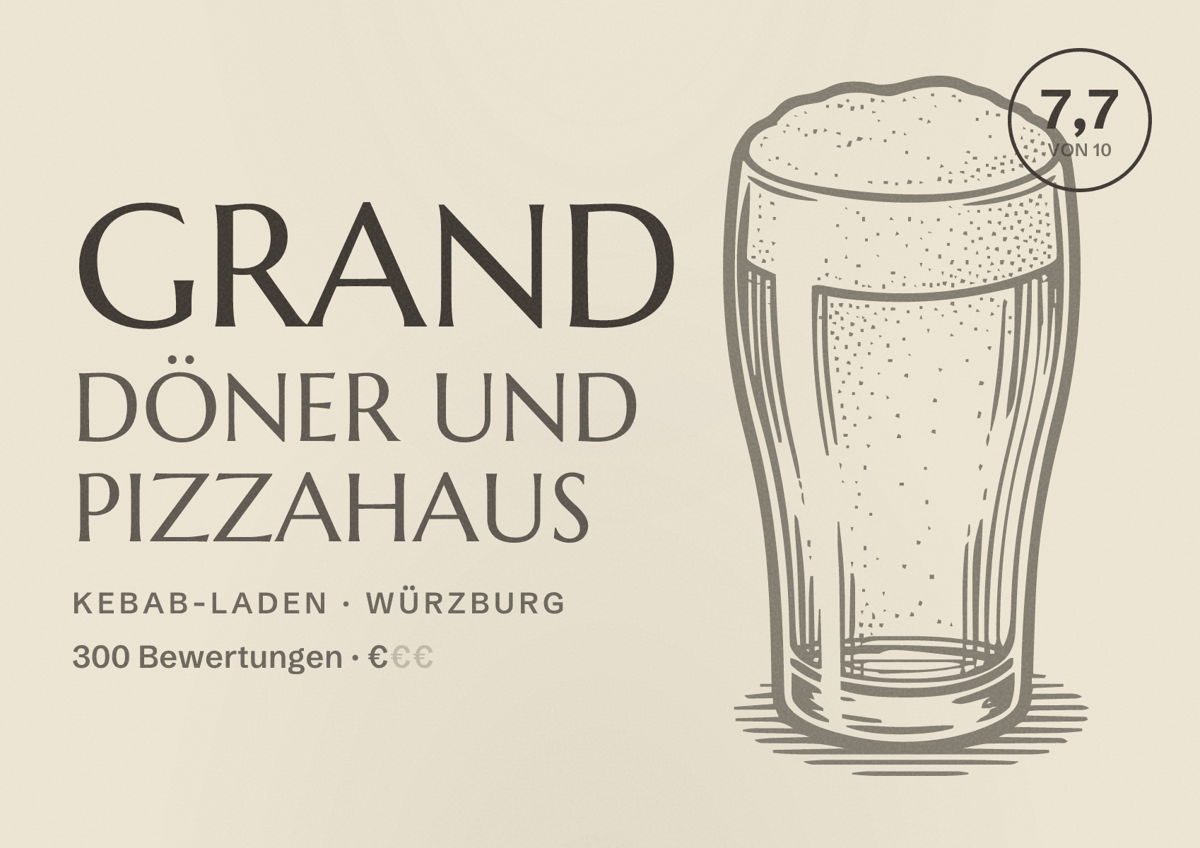 Illustriertes Poster von Grand Döner und Pizzahaus, Kebab-Laden in Würzburg: Bewertung 7,7 von 10 aus 300 Bewertungen, Preisniveau €