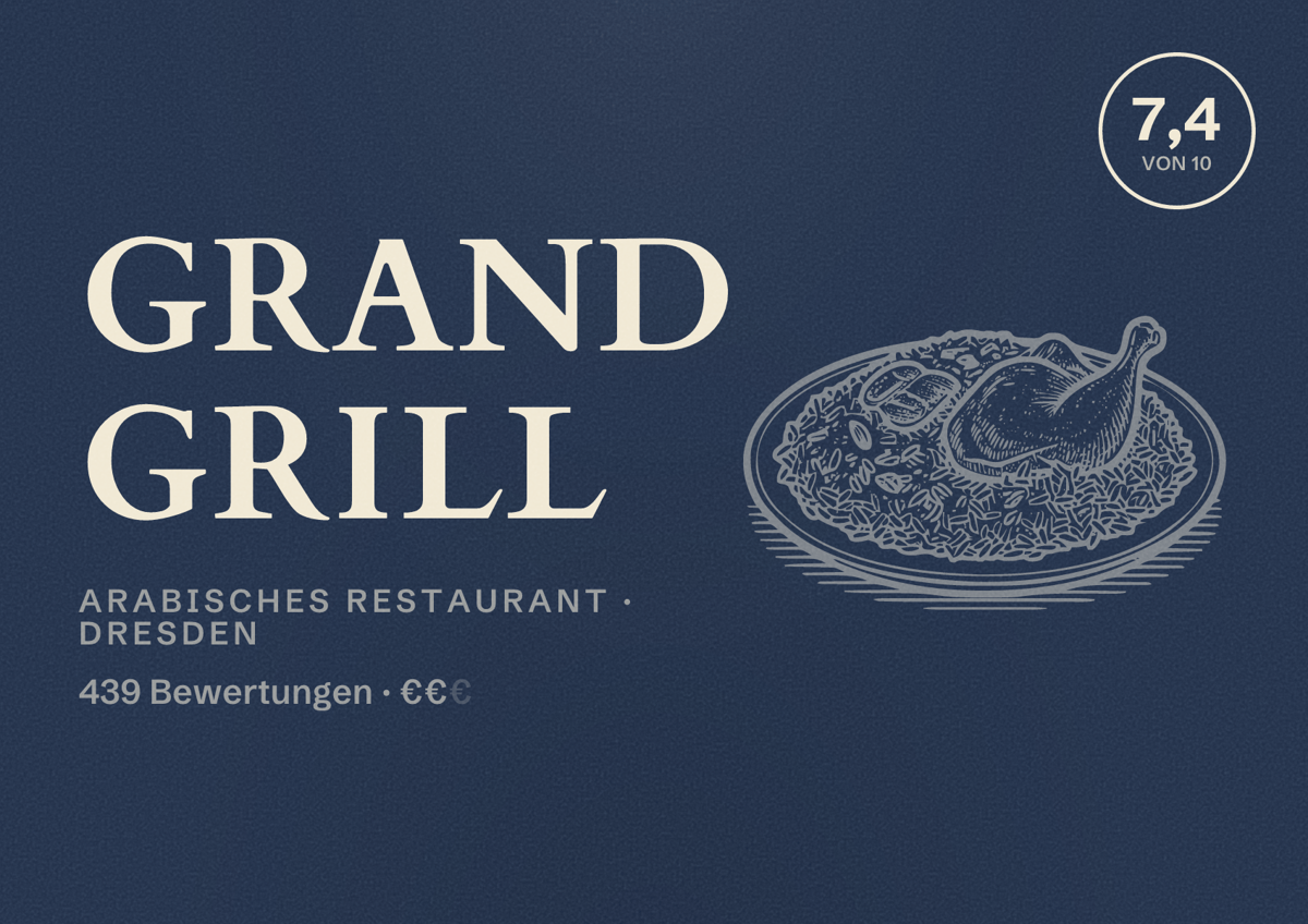 Illustriertes Poster von Grand Grill, Arabisches Restaurant in Dresden: Bewertung 7,4 von 10 aus 439 Bewertungen, Preisniveau €€