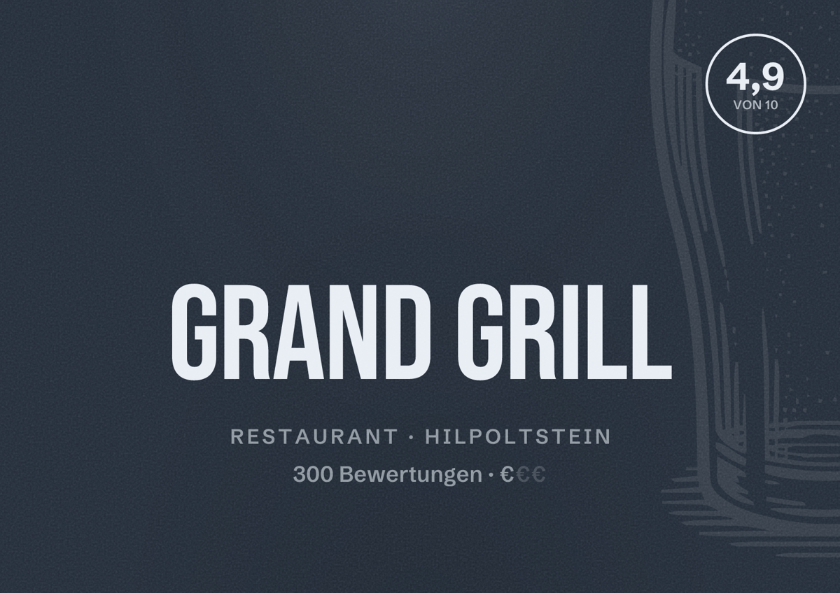 Illustriertes Poster von Grand Grill, Restaurant in Hilpoltstein: Bewertung 4,9 von 10 aus 300 Bewertungen, Preisniveau €