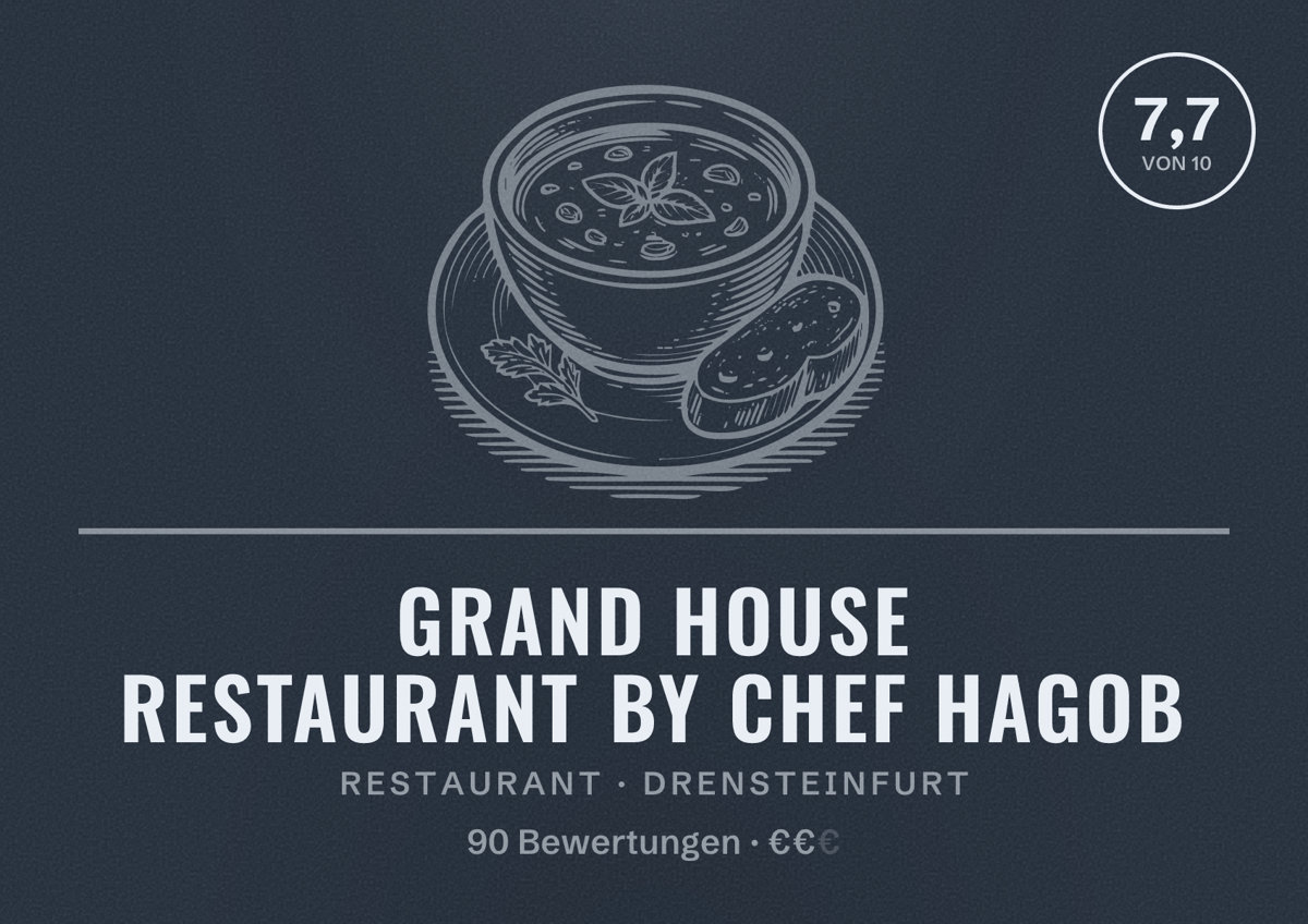 Illustriertes Poster von Grand House Restaurant by Chef HAGOB, Restaurant in Drensteinfurt: Bewertung 7,7 von 10 aus 90 Bewertungen, Preisniveau €€