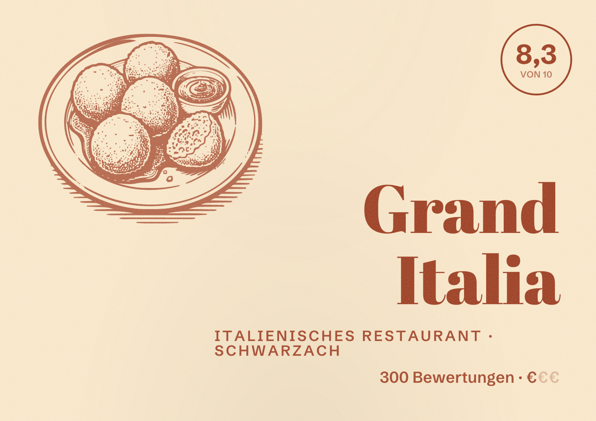 Illustriertes Poster von Grand Italia, Italienisches Restaurant in Schwarzach: Bewertung 8,3 von 10 aus 300 Bewertungen, Preisniveau €